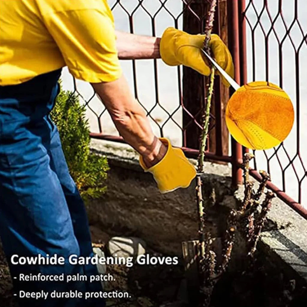 Golden Yellow Cowhide Work Gloves Full Finger Gardening DIY