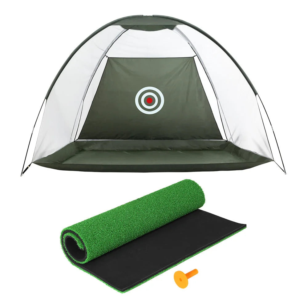 Golf practice net with training mat driving target