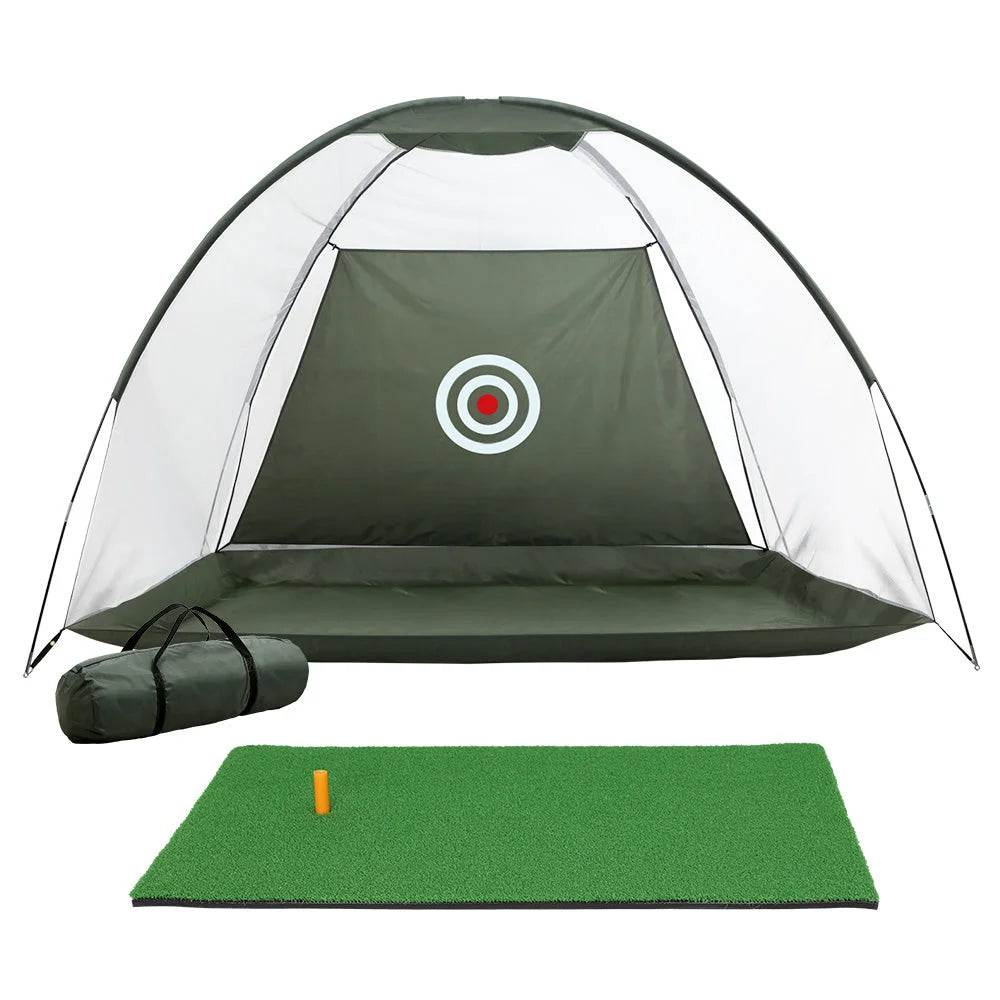 Green 3m golf practice net with training mat driving target