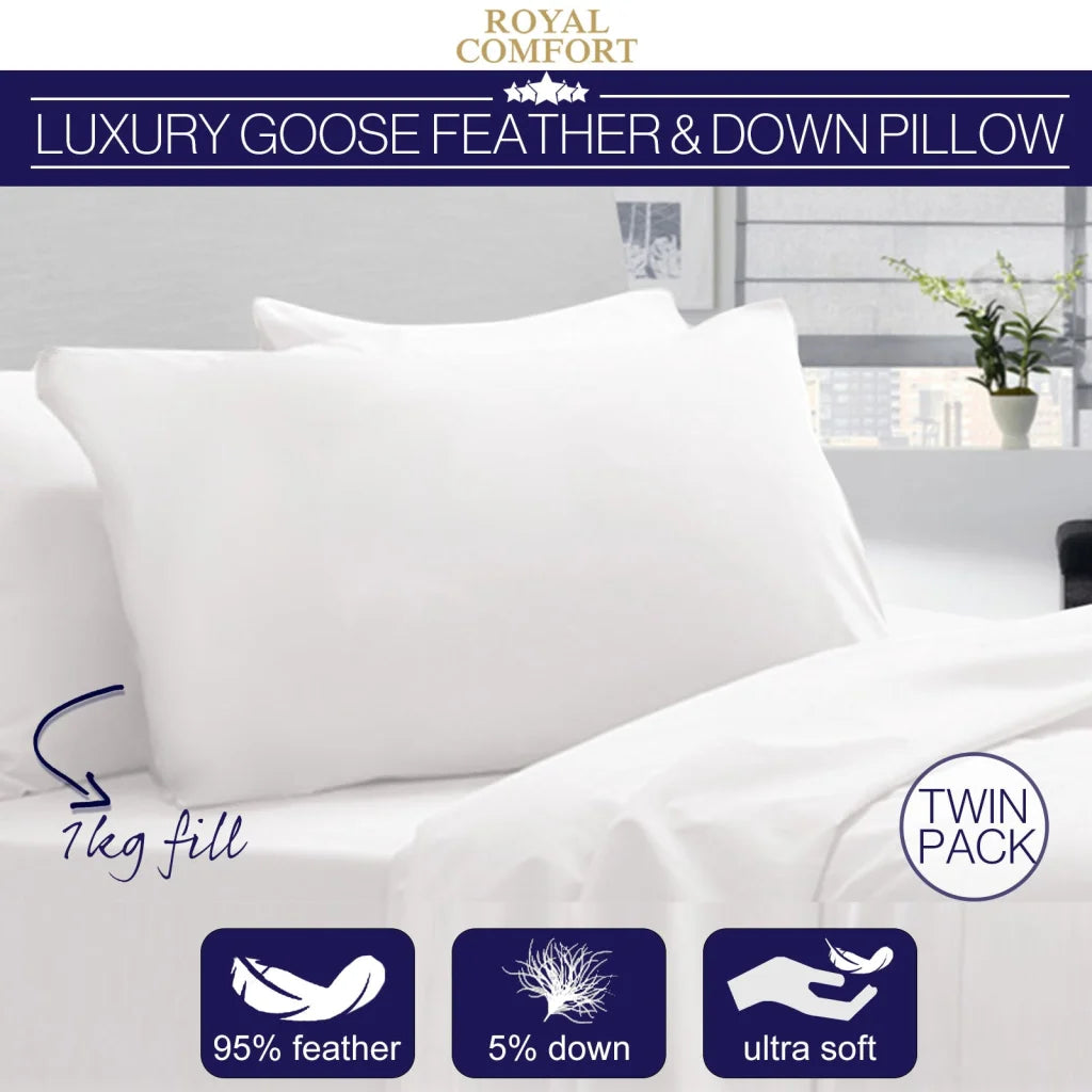 Goose Pillow Twin Pack 1000GSM Royal Comfort