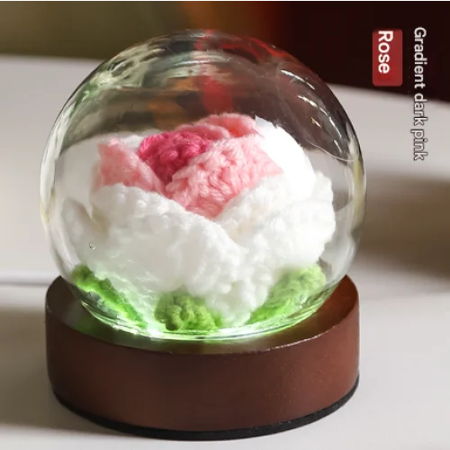 Gradient Dark Pink Rose Knitted Flower LED Dome Lamp - USB