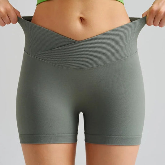 Grass Green Gray Yoga Shorts - Seamless High Waist Tummy