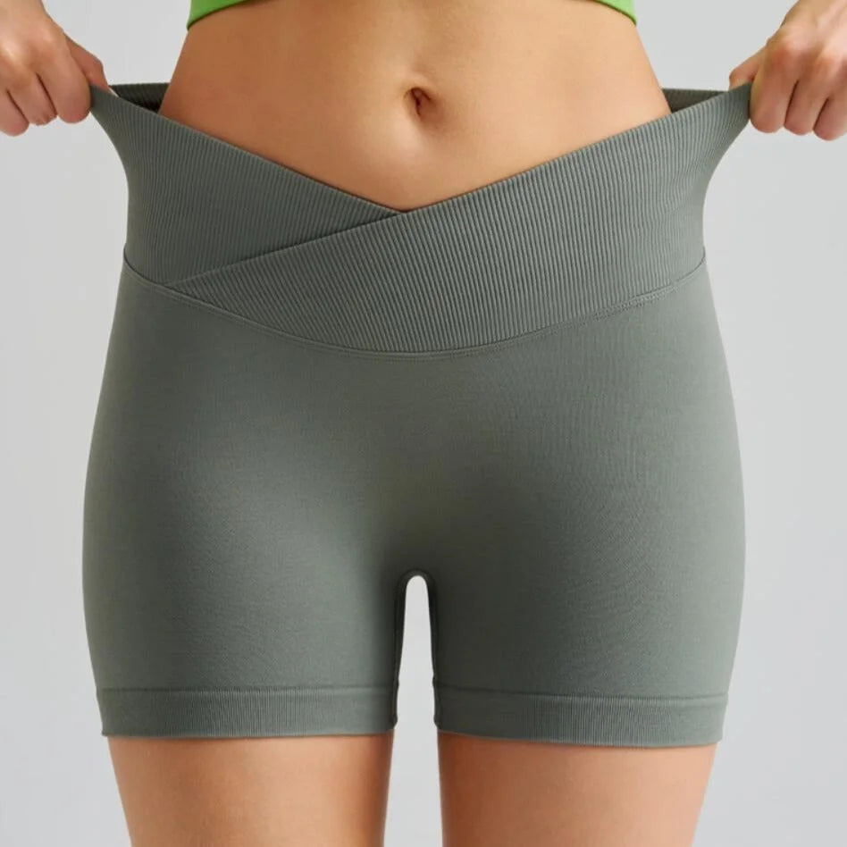 Grass Green Gray Yoga Shorts - Seamless High Waist Tummy