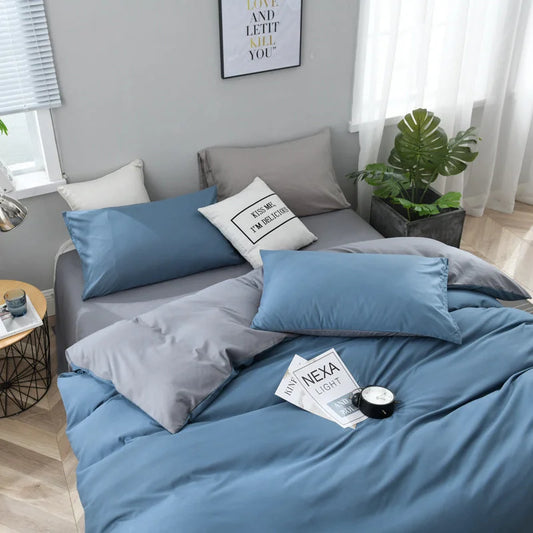 Gray And Blue Stitching Ultra-Soft Solid Color 4-Piece