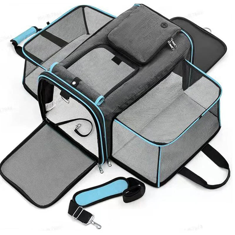 Gray Blue Foldable Portable Pet Carrier Bag - Large