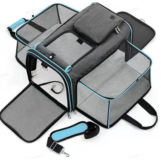 Gray Blue Foldable Portable Pet Carrier Bag - Large