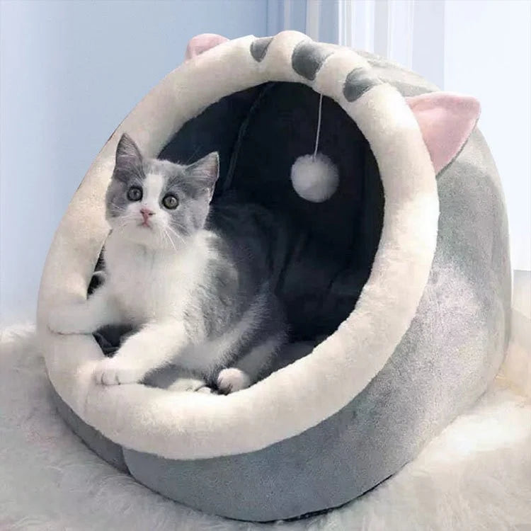 Gray Half-Enclosed Cat Bed - Soft Short Velvet Fabric