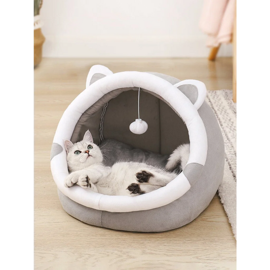Gray Half-Enclosed Cat Bed - Soft Short Velvet Fabric
