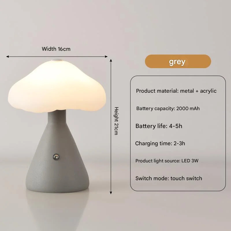 Gray Mushroom LED Table Lamp - Rechargeable 3-Color Touch