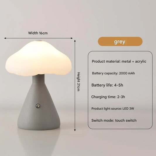Gray Mushroom LED Table Lamp - Rechargeable 3-Color Touch