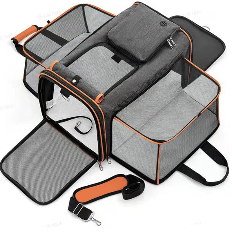 Gray Orange Foldable Portable Pet Carrier Bag - Large