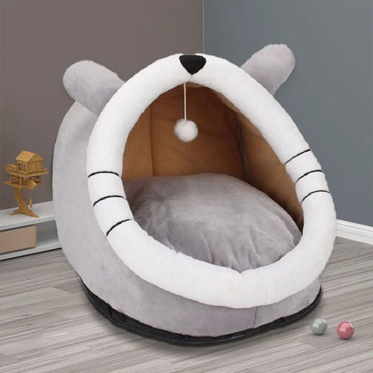 Gray Totoro Half-Enclosed Cat Bed - Soft Short Velvet