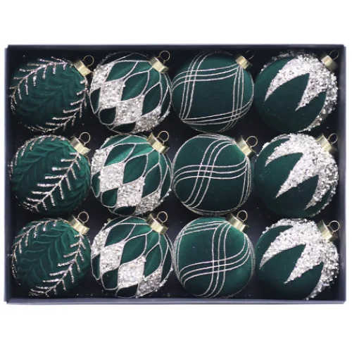 Green 12-Piece 8cm Christmas Bauble Set - Colorful Flocked