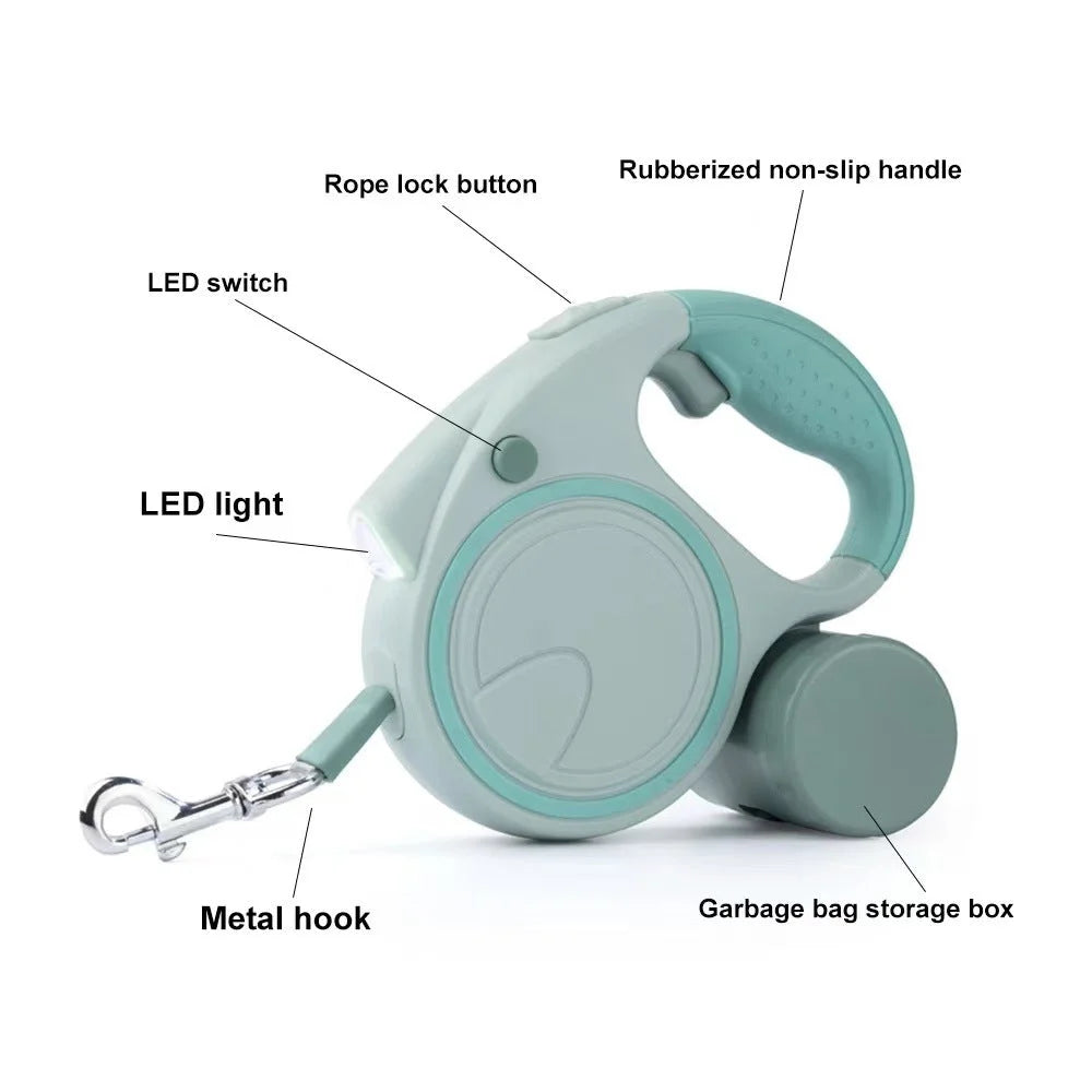 Green 3M Retractable Dog Leash - Built-in LED Light (No
