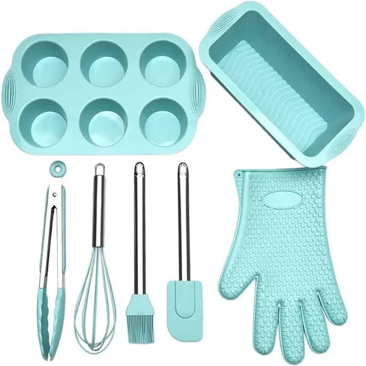 Green 7 Piece Silicone Bakeware Set with Whisk