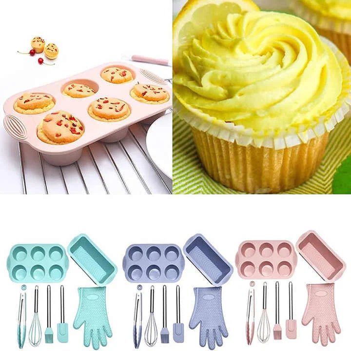 Green 7 Piece Silicone Bakeware Set with Whisk Spatula