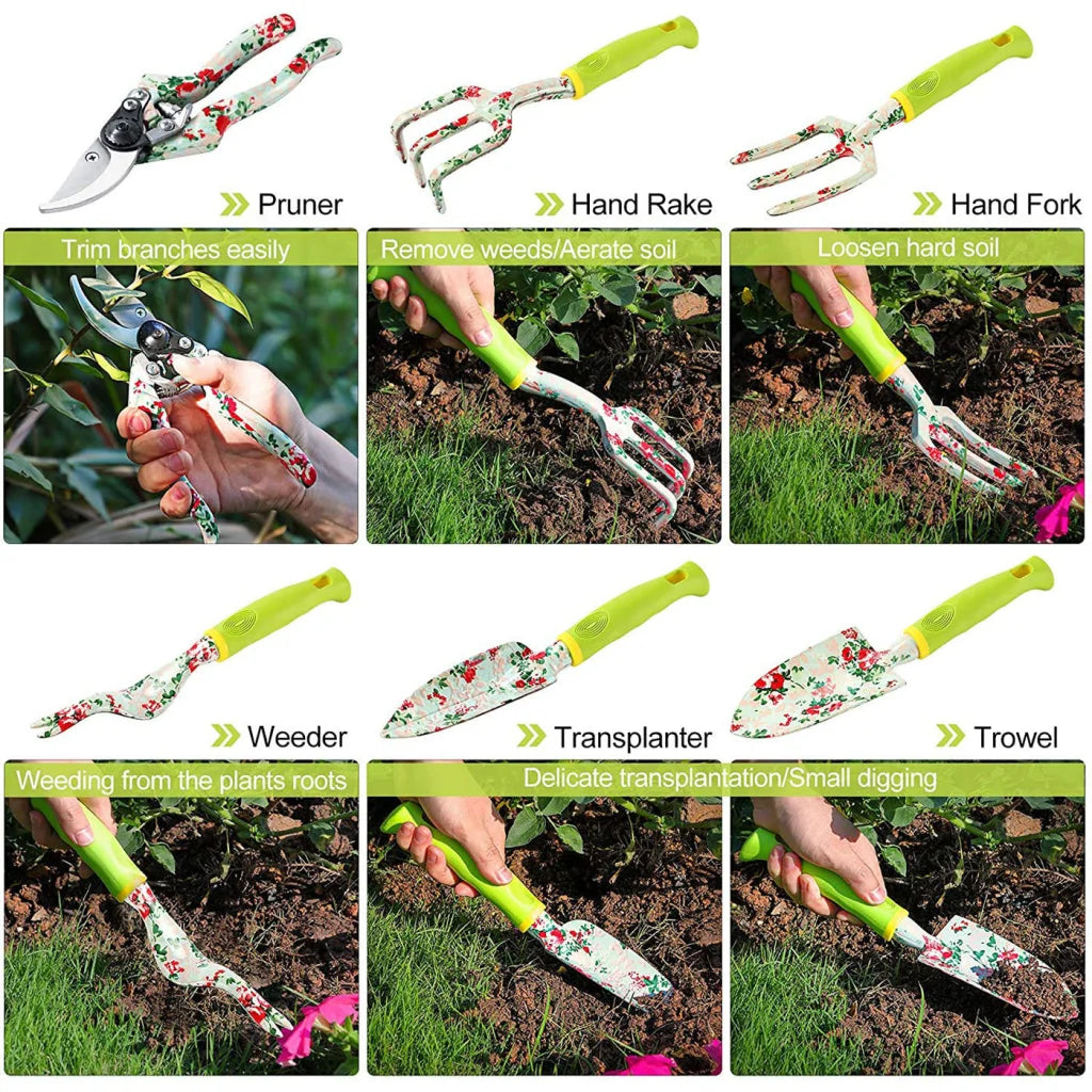 Green 9-Piece Floral Garden Tool Set for Women – Complete