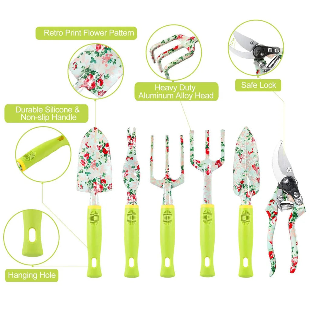 Green 9-Piece Floral Garden Tool Set for Women – Complete