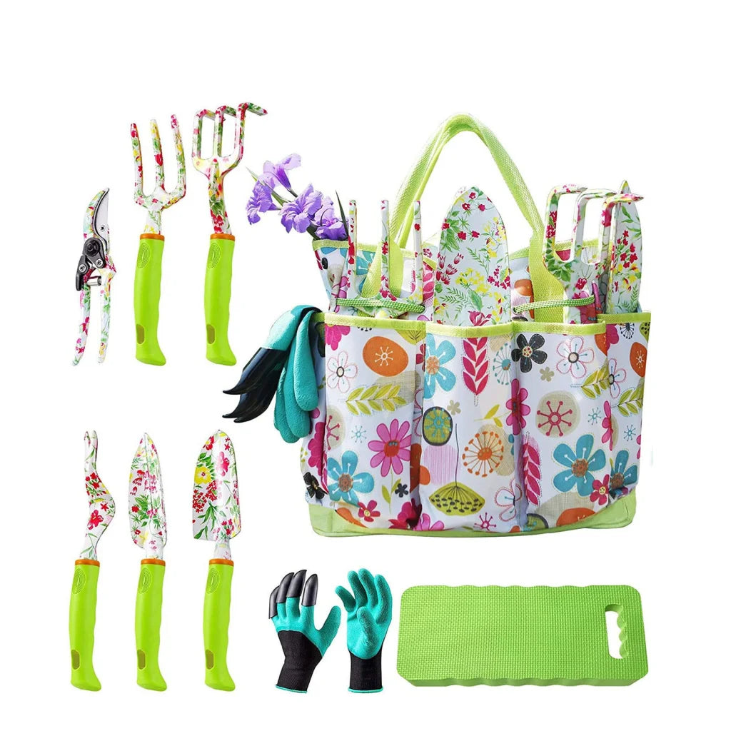 Green 9-Piece Floral Garden Tool Set for Women – Complete