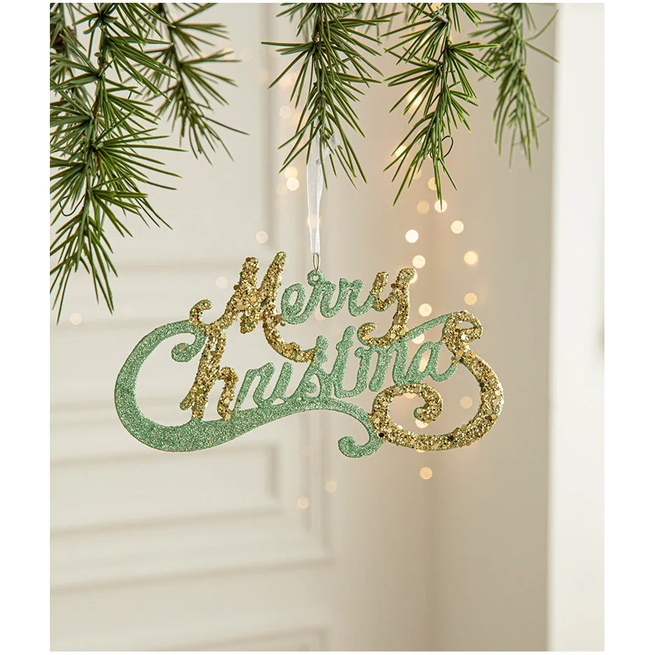Green and Gold Glitter Merry Christmas Hanging Ornament