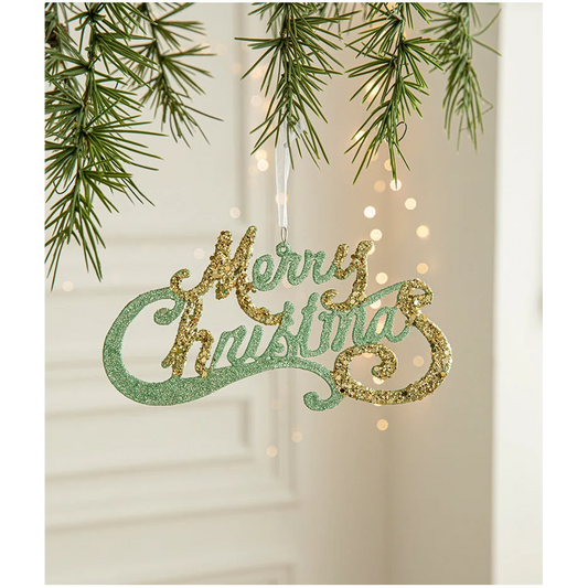 Green and Gold Glitter Merry Christmas Hanging Ornament