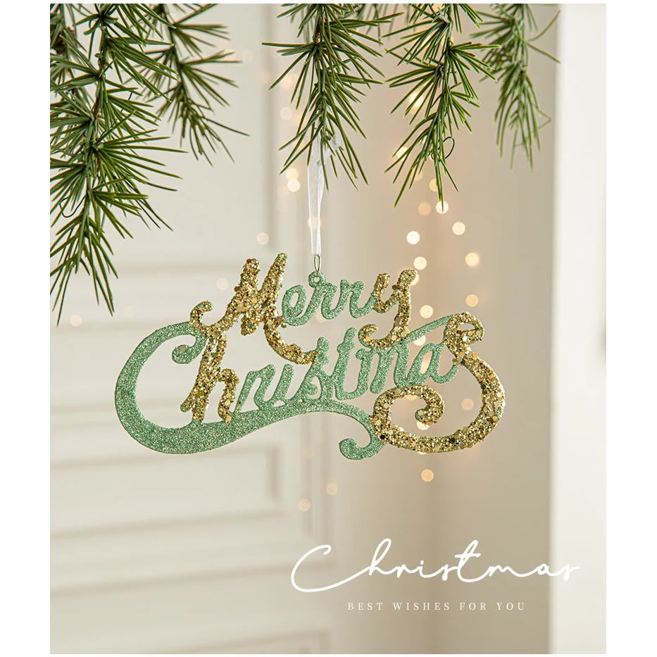 Green and Gold Glitter Merry Christmas Hanging Ornament