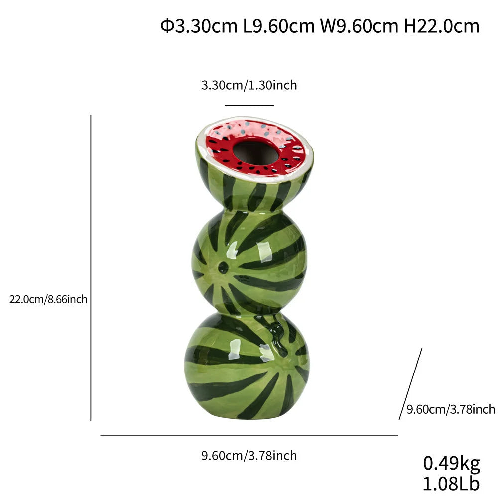 Green Red Whimsical Stacked Watermelon Ceramic Vase Novelty