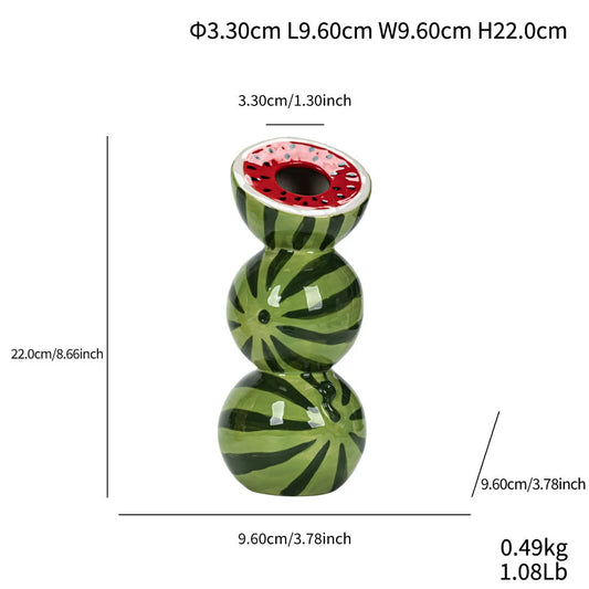 Green and Red Whimsical Stacked Watermelon Ceramic Vase