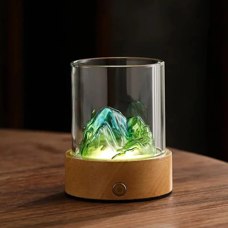 Green-blue LED Glass Night Light with Mountain Design USB