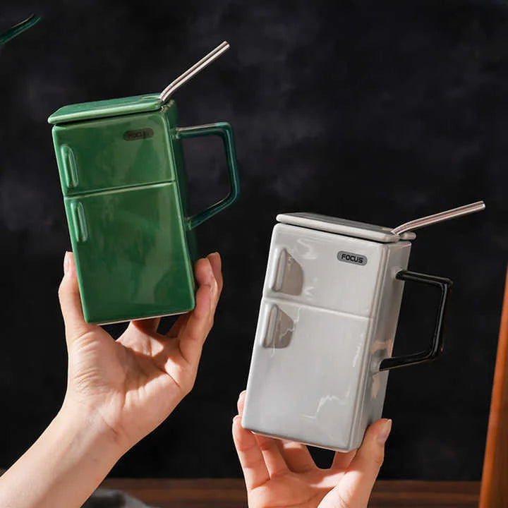 Green Creative Retro Refrigerator Ceramic Mug with Lid and Straw