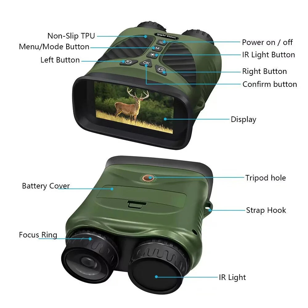 Green Digital Night Vision Binoculars - 3.0’’ IPS Screen