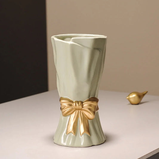 Green Elegant Ceramic Vase with Golden Bow Accent