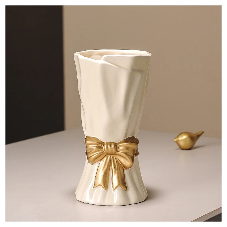 Green Elegant Ceramic Vase with Golden Bow Accent