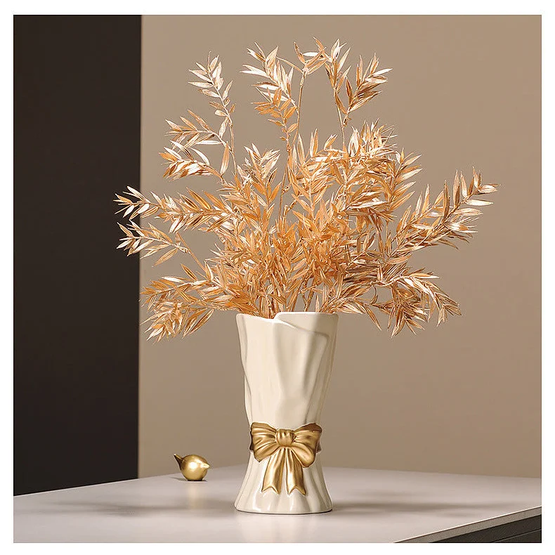 Green Elegant Ceramic Vase with Golden Bow Accent