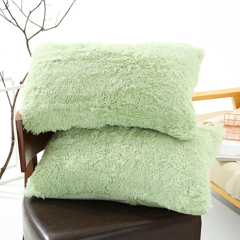 Green Faux Fur Pillowcase Set - Crystal Velvet Plush Throw