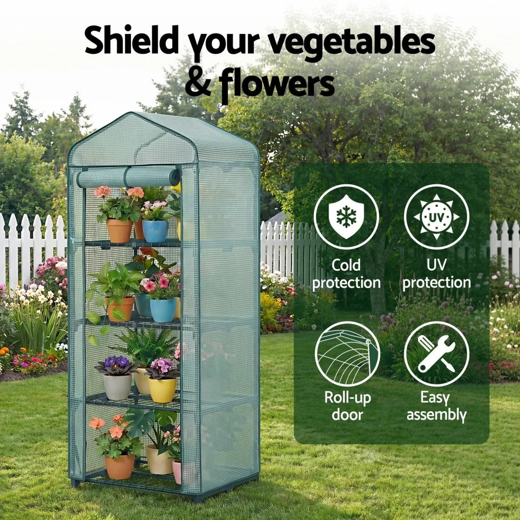 Green 6x0 greenhouse with component details and storage context