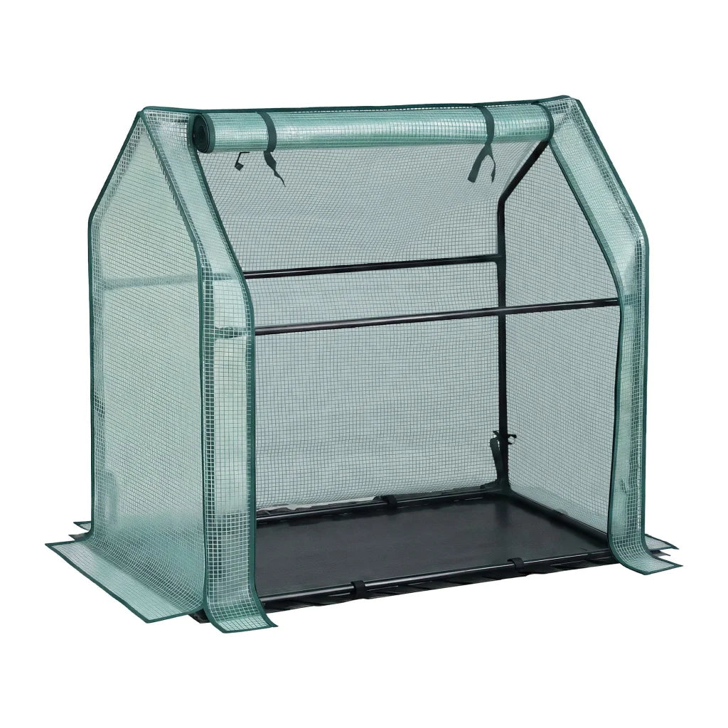 Green steel greenhouse with component details and storage context