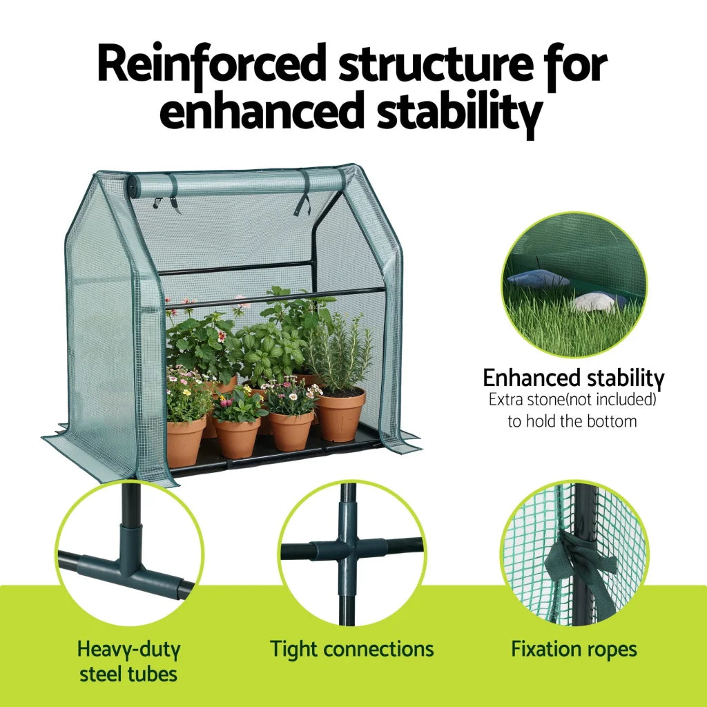 Green steel greenhouse with colour and construction cues