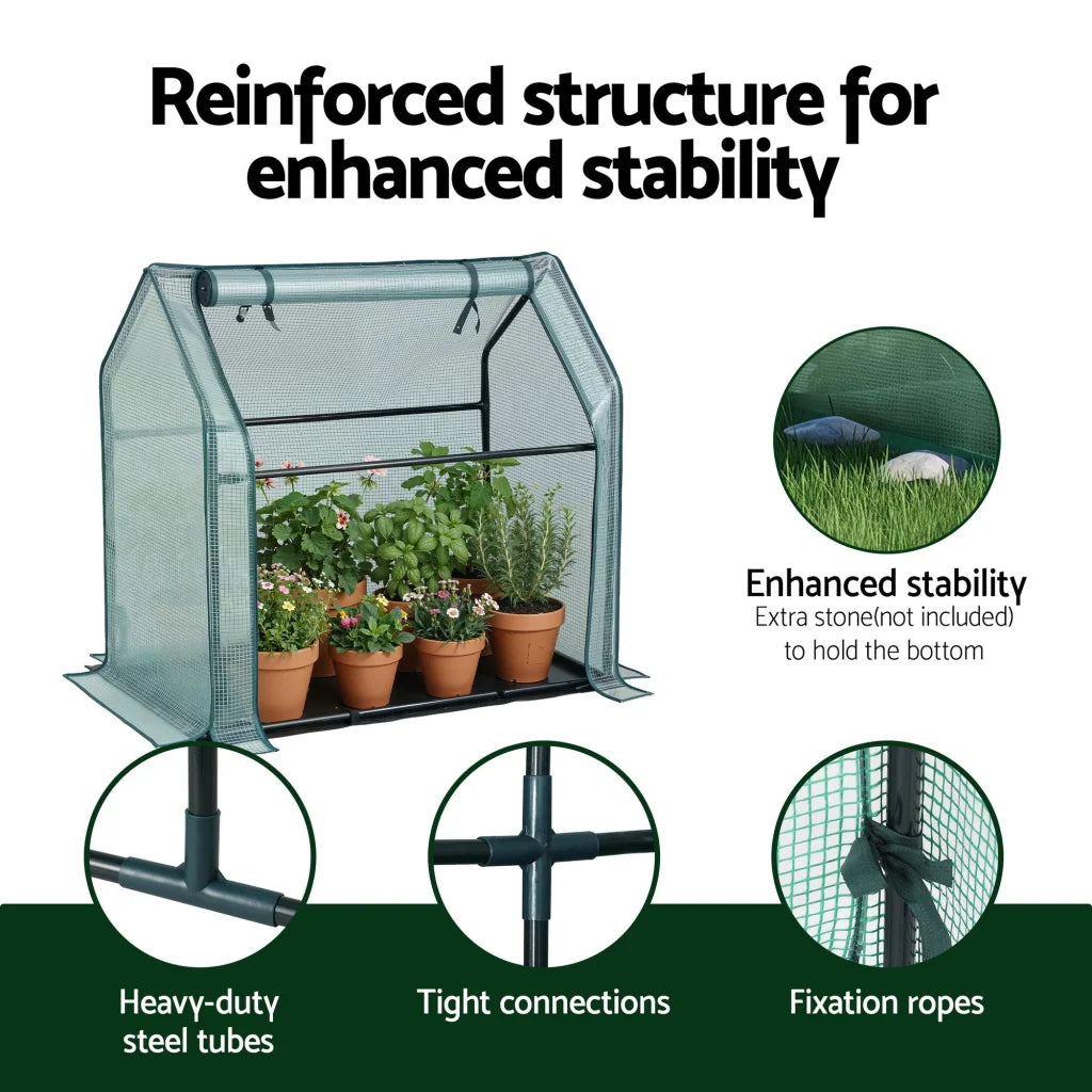 Green steel greenhouse with size cues and product form
