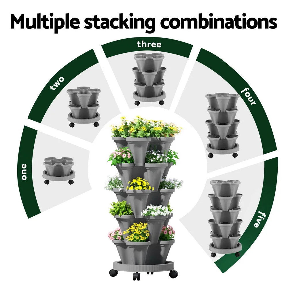 Bed 5 Tier Vertical Grey with Strawberry Stackable Planters Herbs Petunias Garden