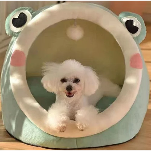 Green Frog Half-Enclosed Cat Bed - Soft Short Velvet Fabric
