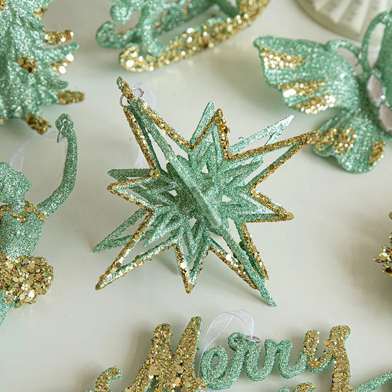 Green Glitter 3D Star Ornament with Gold Accents -Hanging