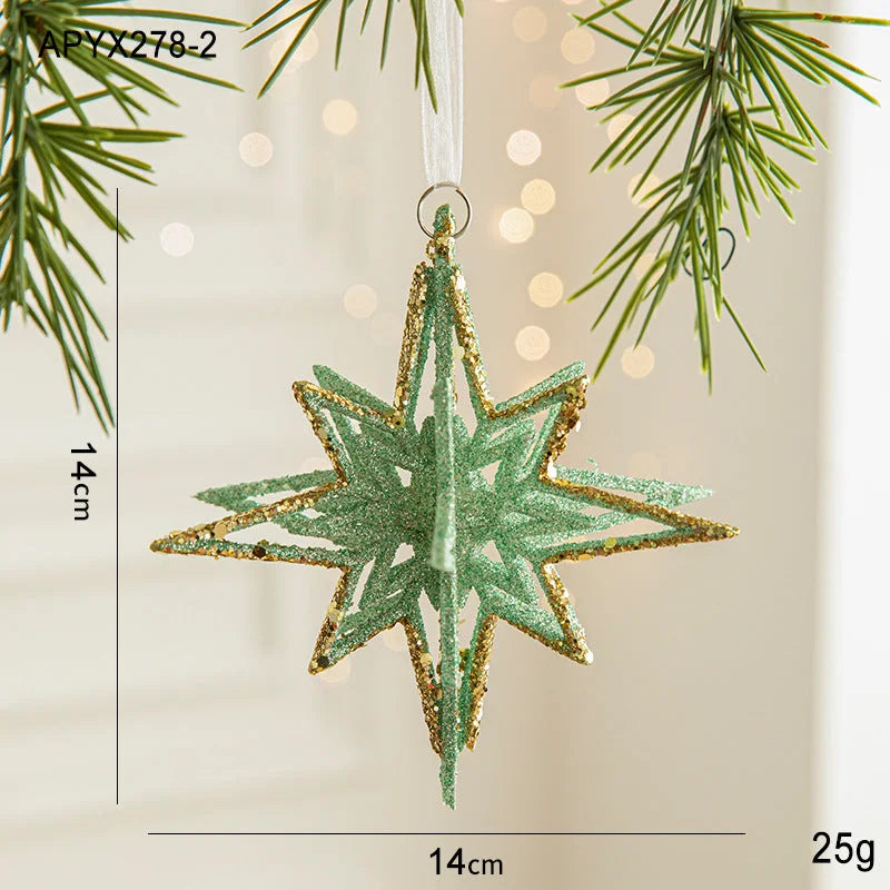 Green Glitter 3D Star Ornament with Gold Accents -Hanging