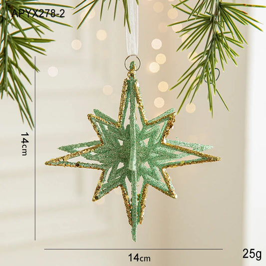 Green Glitter 3D Star Ornament with Gold Accents -Hanging