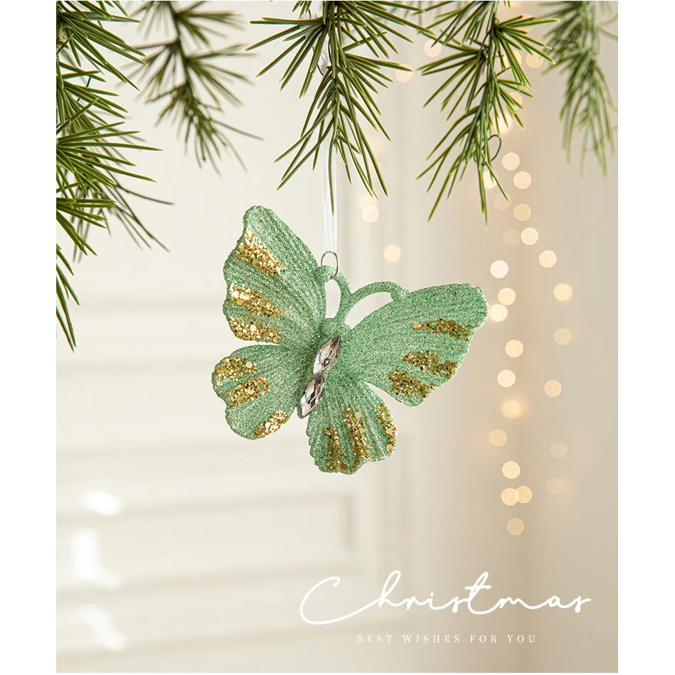 Green Glitter Butterfly Christmas Ornament with Gold