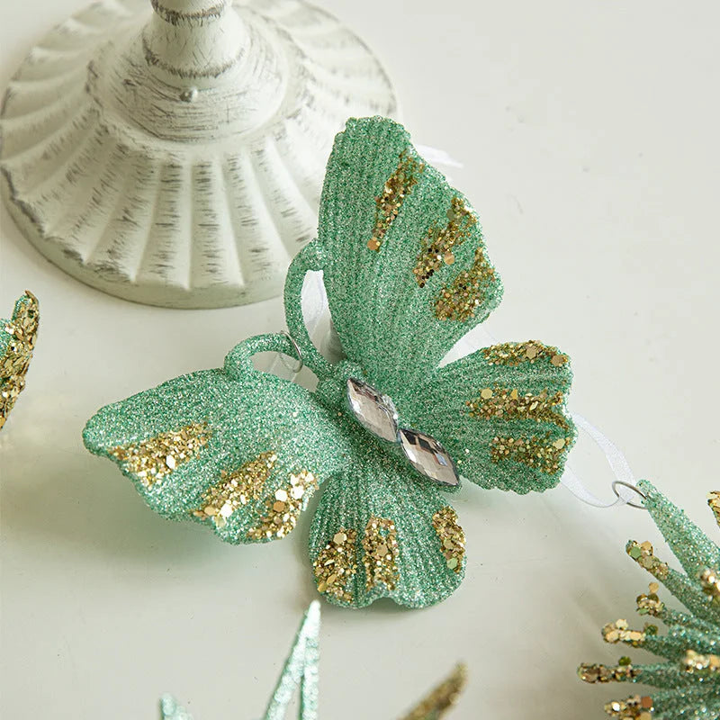 Green Glitter Butterfly Christmas Ornament with Gold