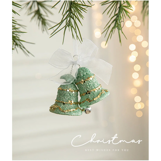 Green Glitter Christmas Bell Ornaments with White Bow