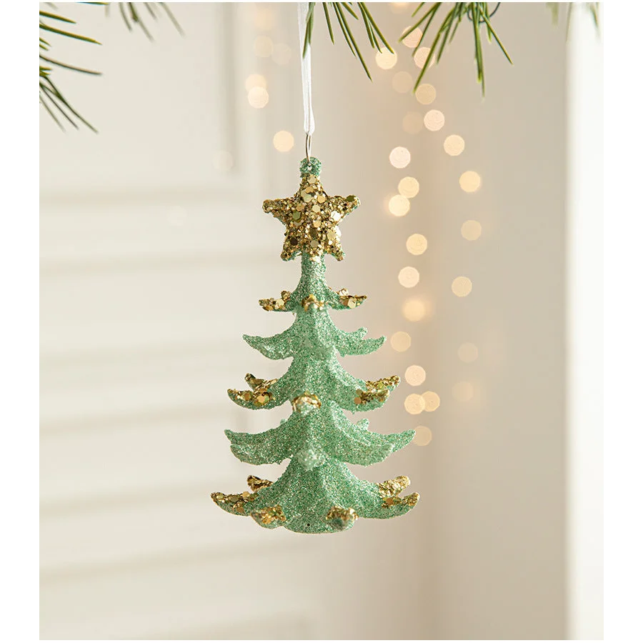 Green Glitter Christmas Tree Ornament with Gold Star Top