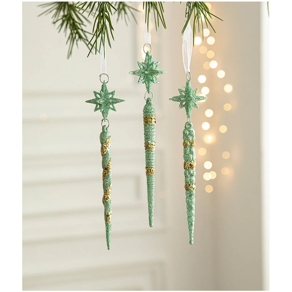 Green Glitter Icicle Christmas Ornaments with Star Tops