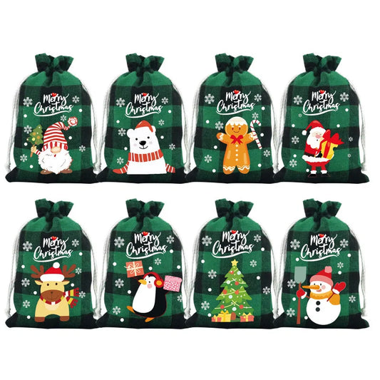 Green grid Christmas Gift Drawstring Bags Set - Festive